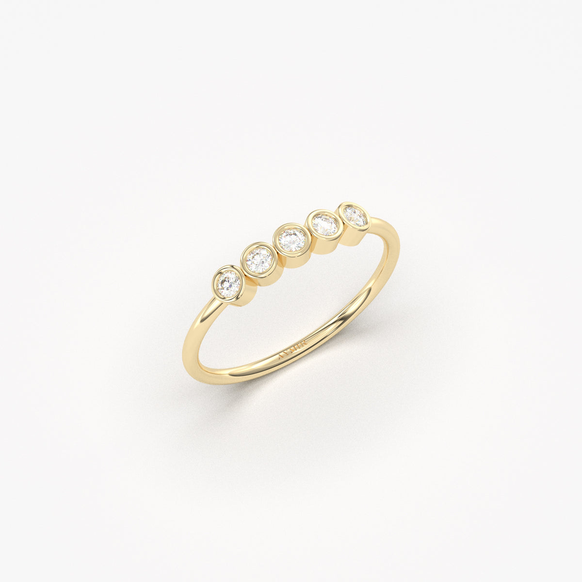 18K yellow gold five stone bezel ring with natural diamonds, side view