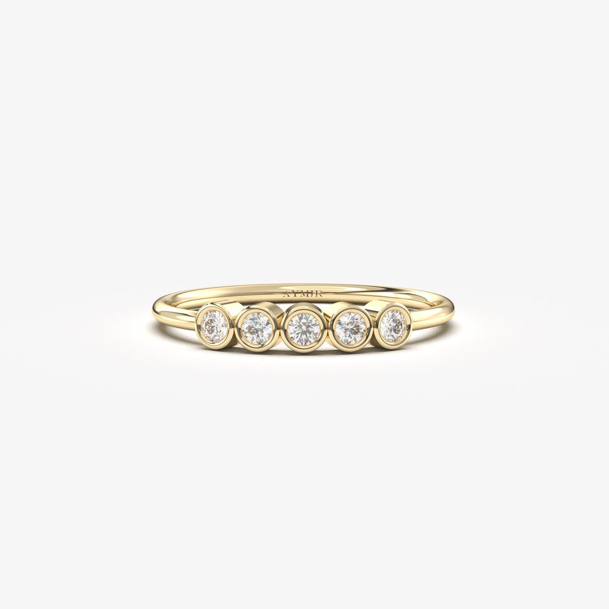 18K yellow gold five stone bezel ring with natural diamonds, front view