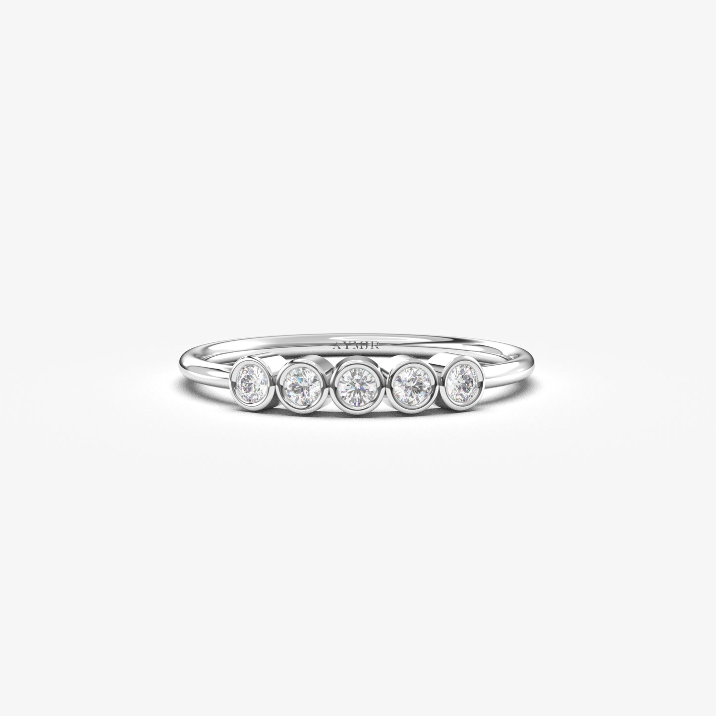 14K white gold five stone bezel ring with natural diamonds, front view