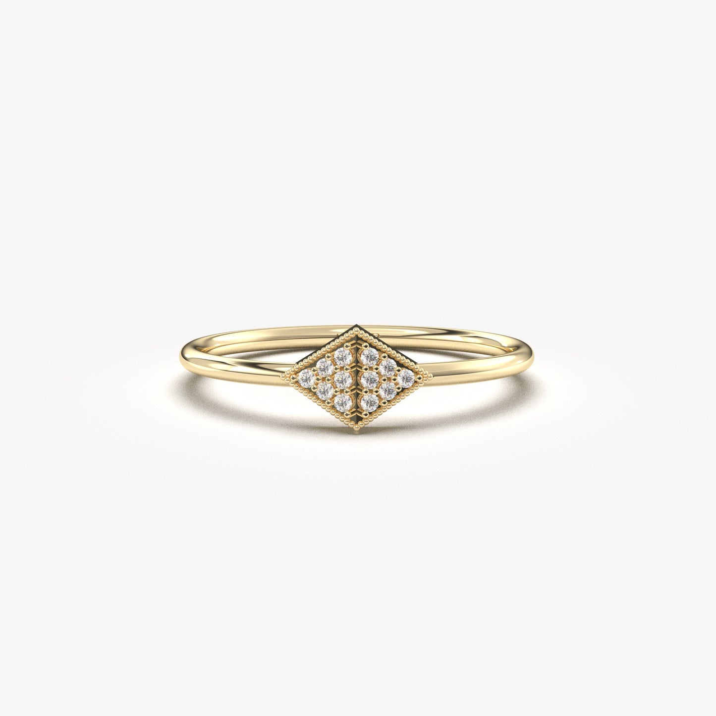 14K yellow gold pave rhombus ring with natural diamonds, front view