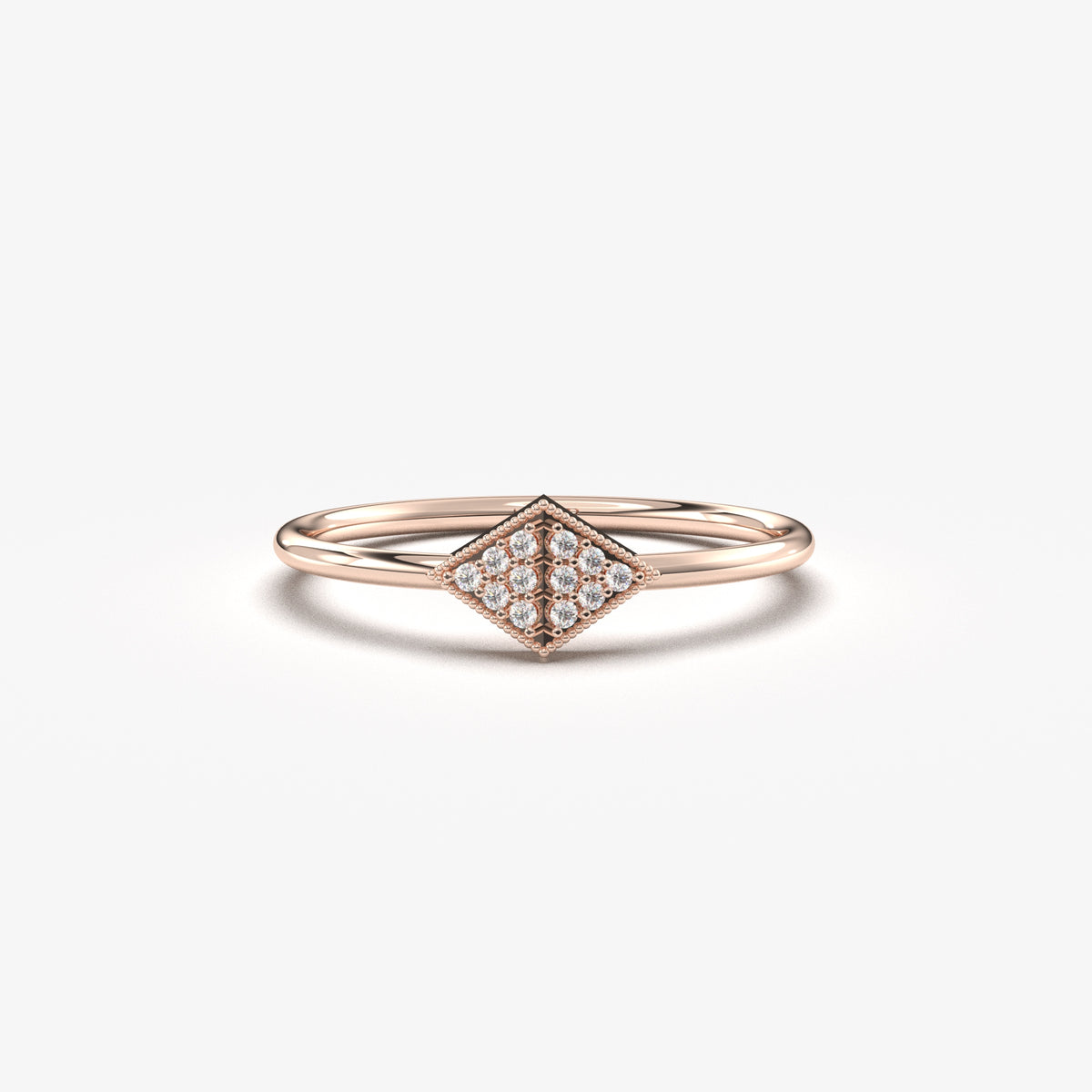 18K rose gold pave rhombus ring with cubic zirconia, front view