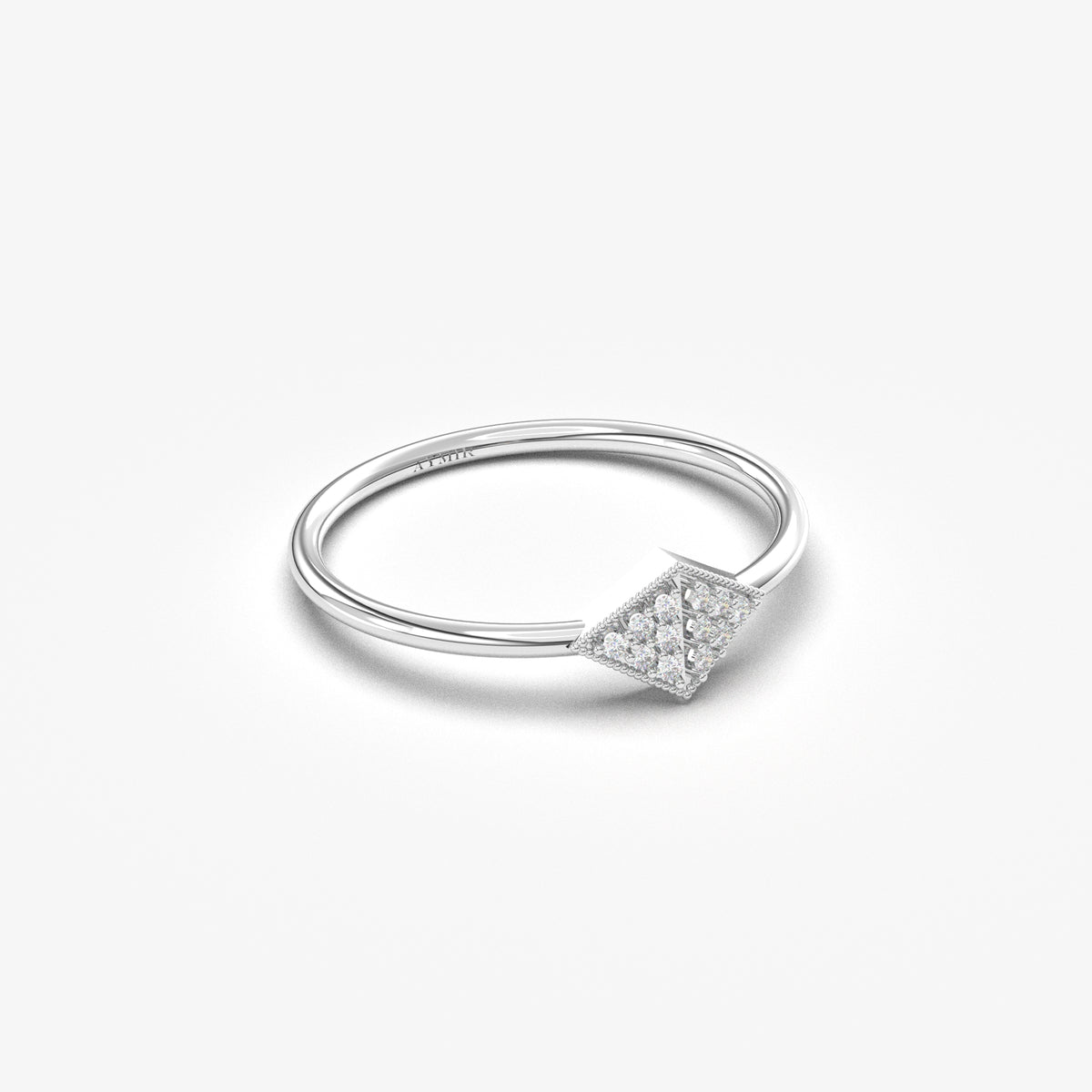 14K white gold pave rhombus ring with cubic zirconia, angled view