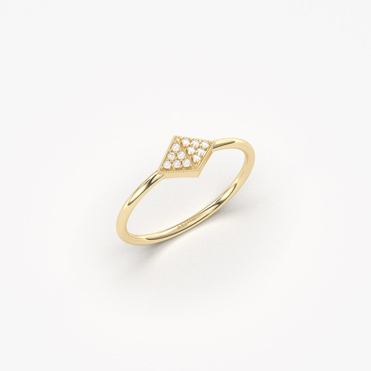 14K yellow gold pave rhombus ring with cubic zirconia, side view