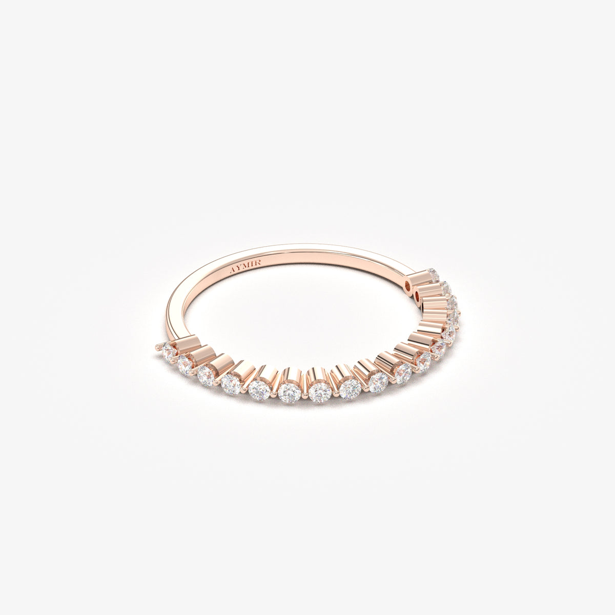 18K rose gold half eternity ring with natural diamonds, angled view