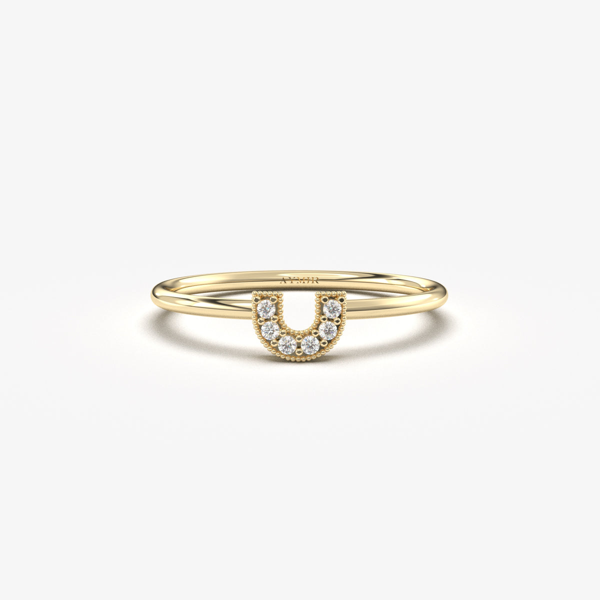 14K yellow gold horseshoe ring with natural diamonds, front view