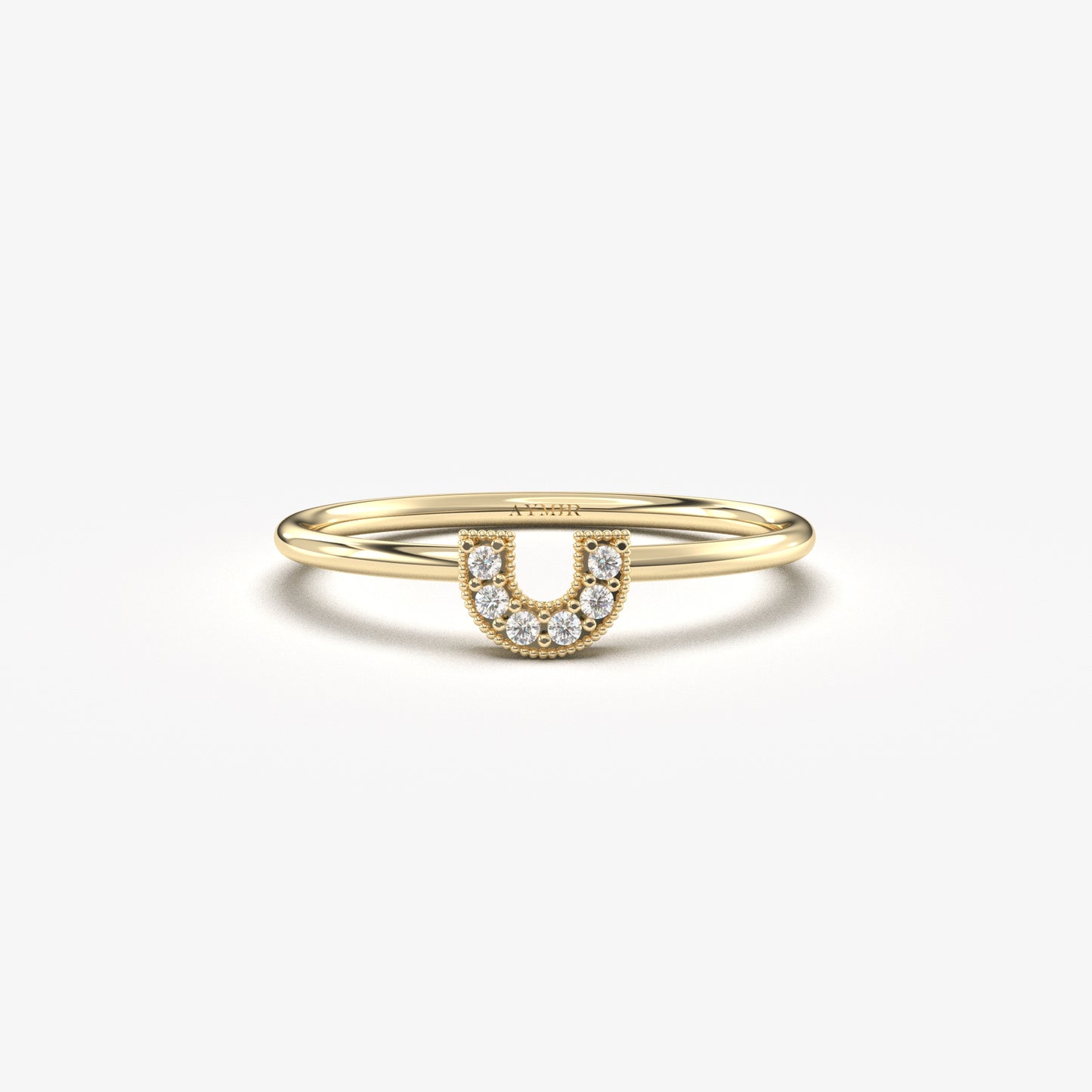 18K yellow gold horseshoe ring with cubic zirconia, front view