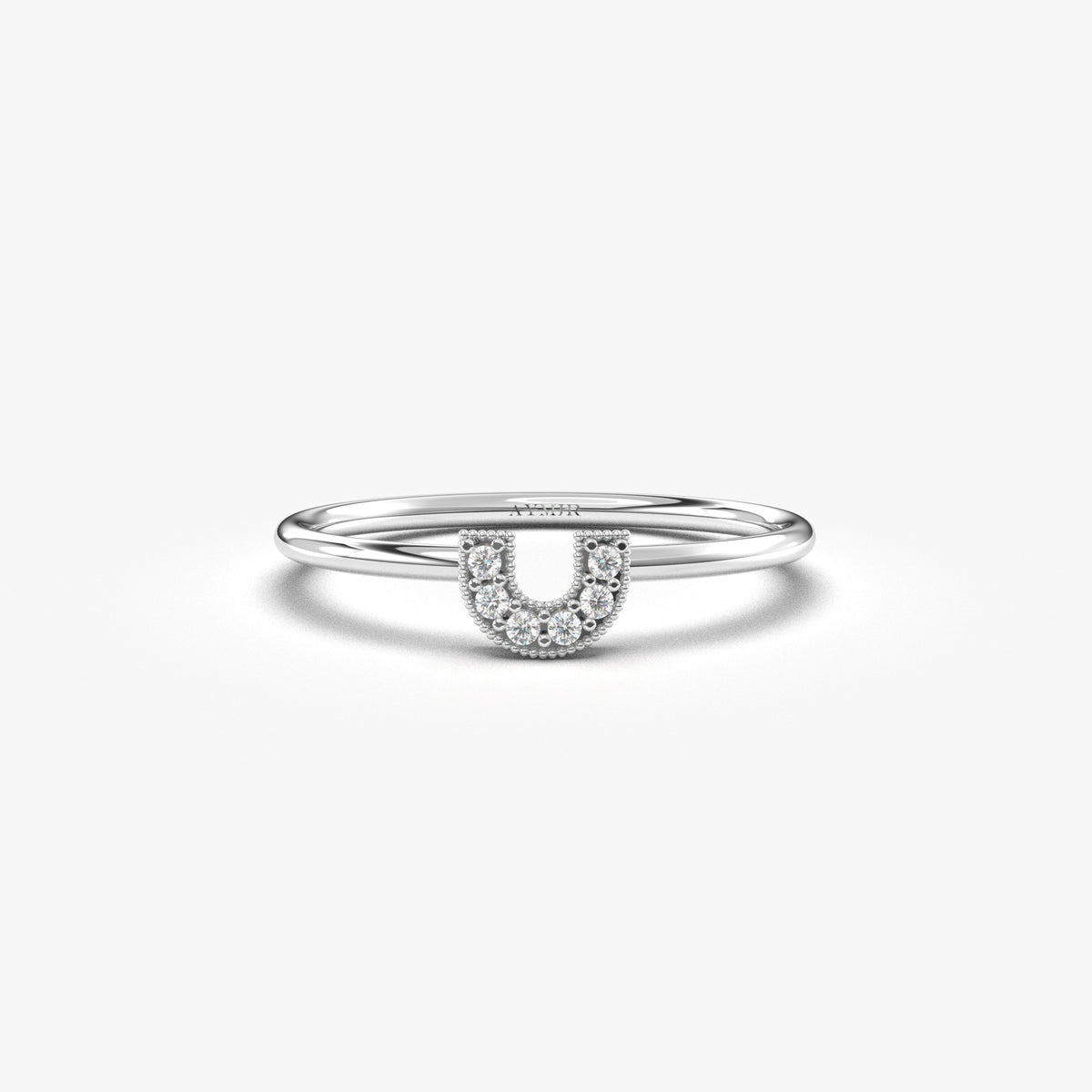 14K white gold horseshoe ring with natural diamonds, front view