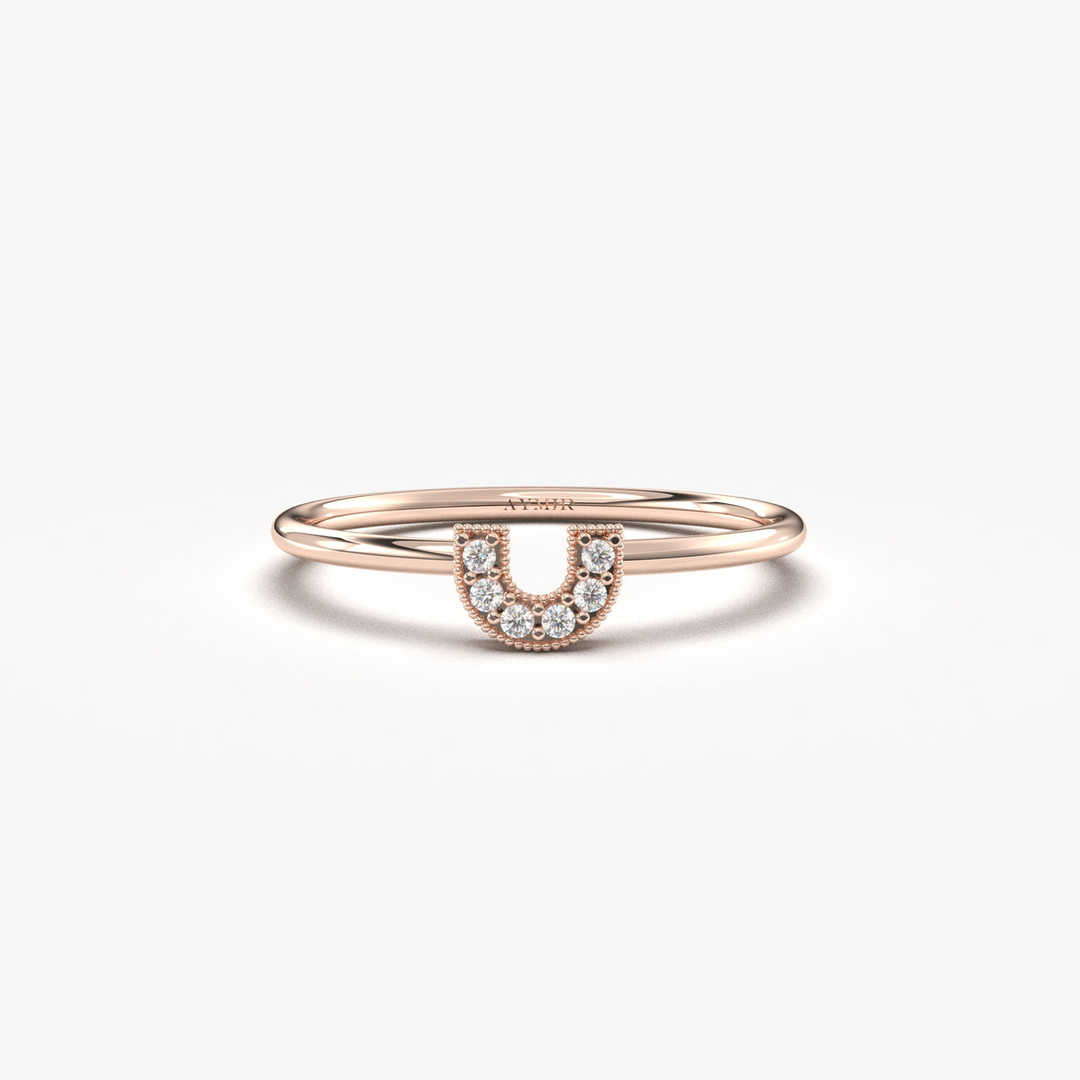 14K rose gold horseshoe ring with natural diamonds, front view