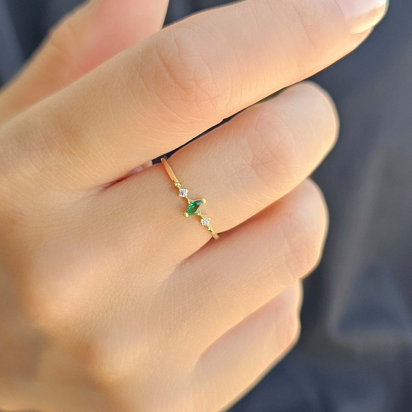 18K Gold Emerald Marquise and Cz Ring - 2S111EME