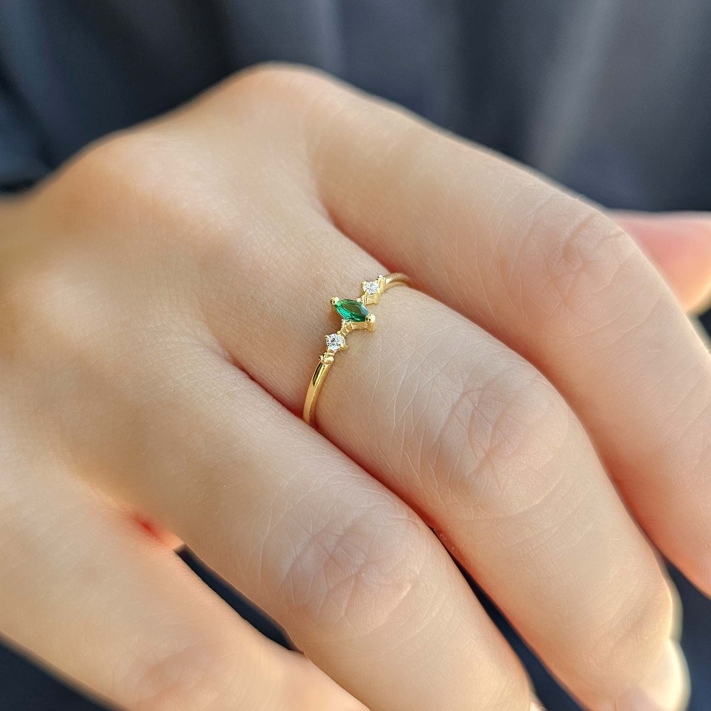 18K Gold Emerald Marquise and Cz Ring - 2S111EME