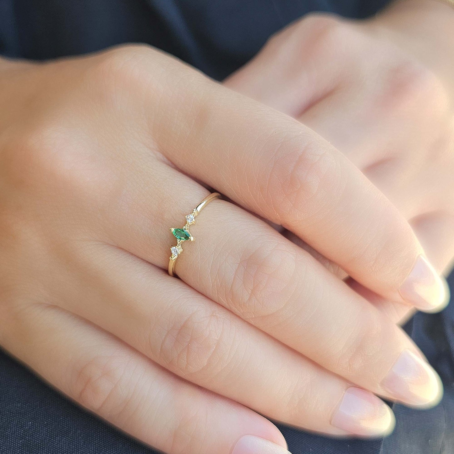 18K Gold Emerald Marquise and Cz Ring - 2S111EME