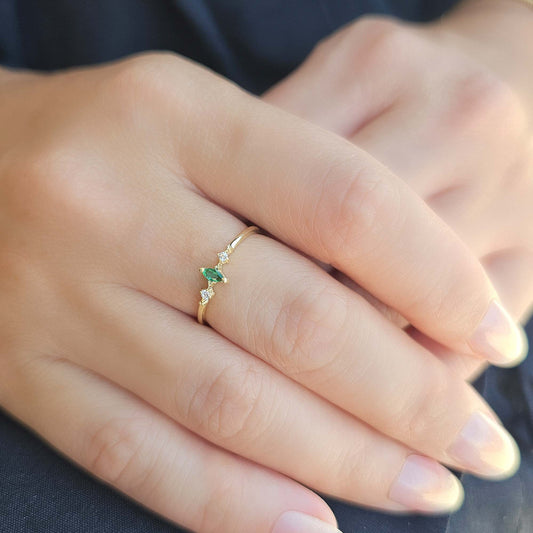 18K Gold Dainty Marquise Emerald and Cz Ring - 2S111EME