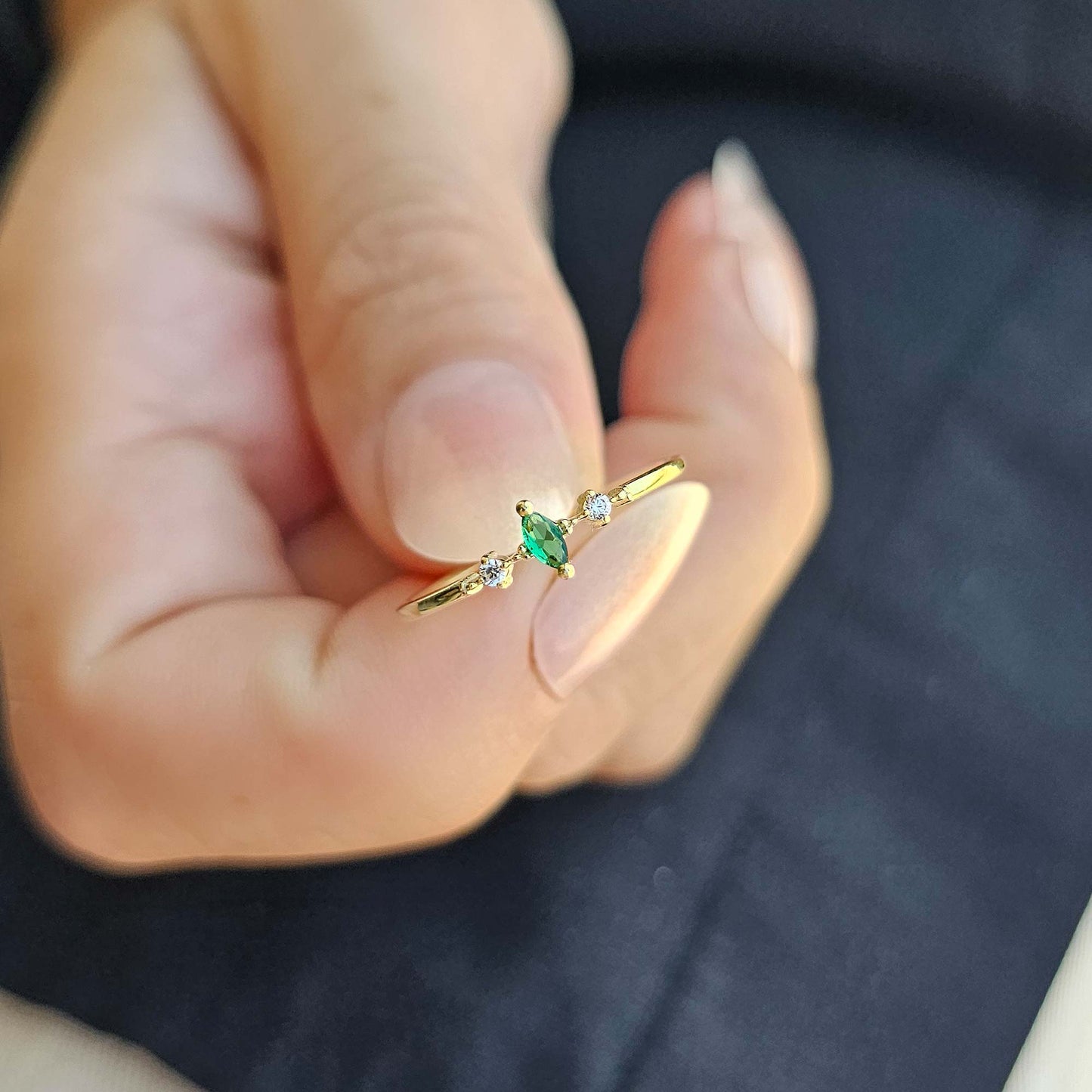 18K Gold Emerald Marquise and Cz Ring - 2S111EME