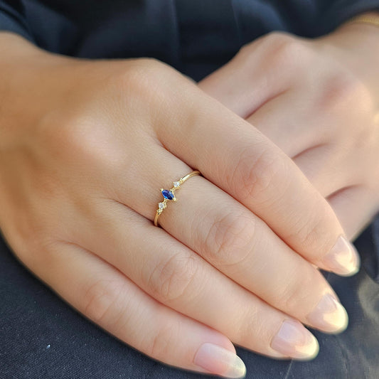 18K Solid Gold Marquise Sapphire and Cz Ring - 2S111SAP