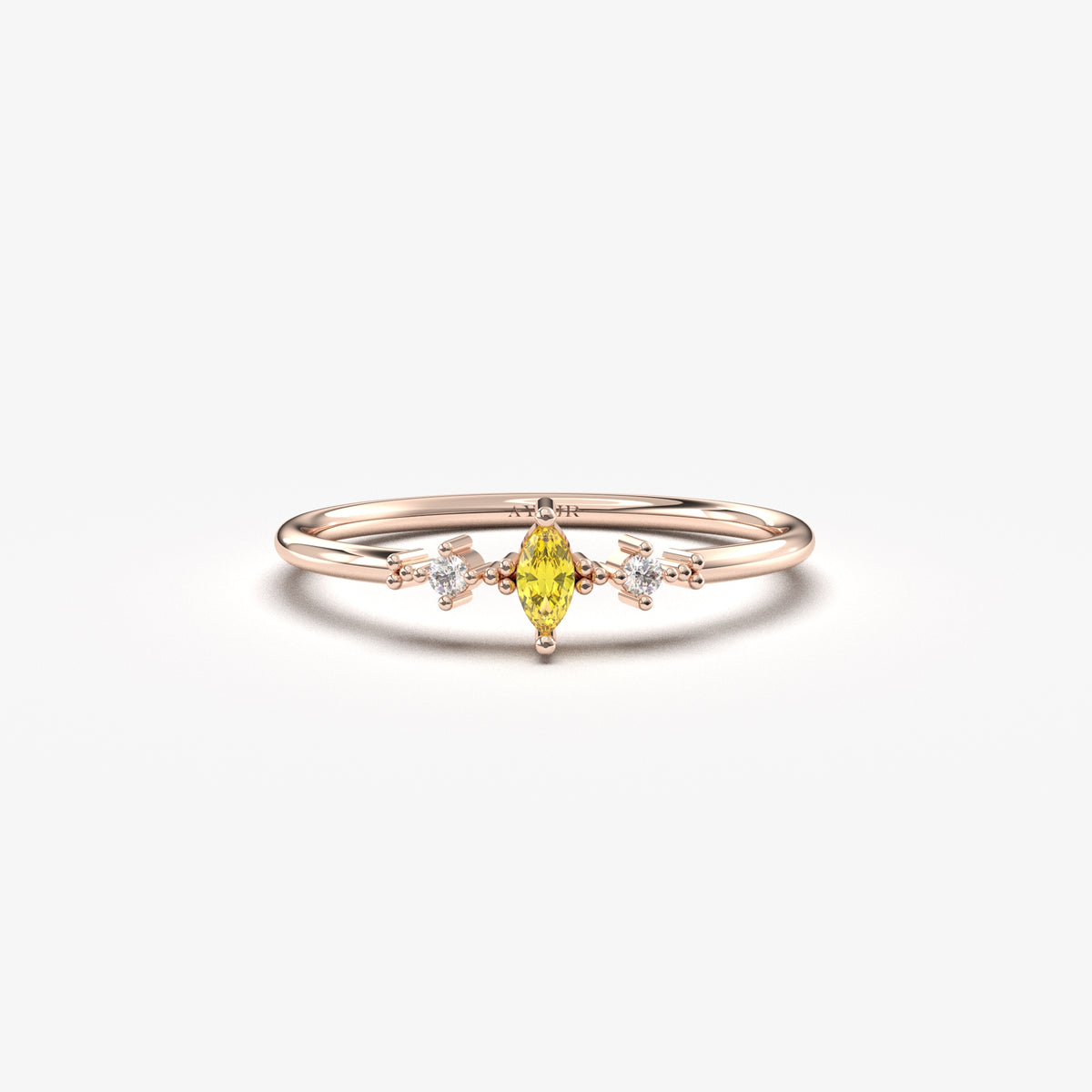 10K rose gold yellow-stone marquise ring with natural diamonds, front view
