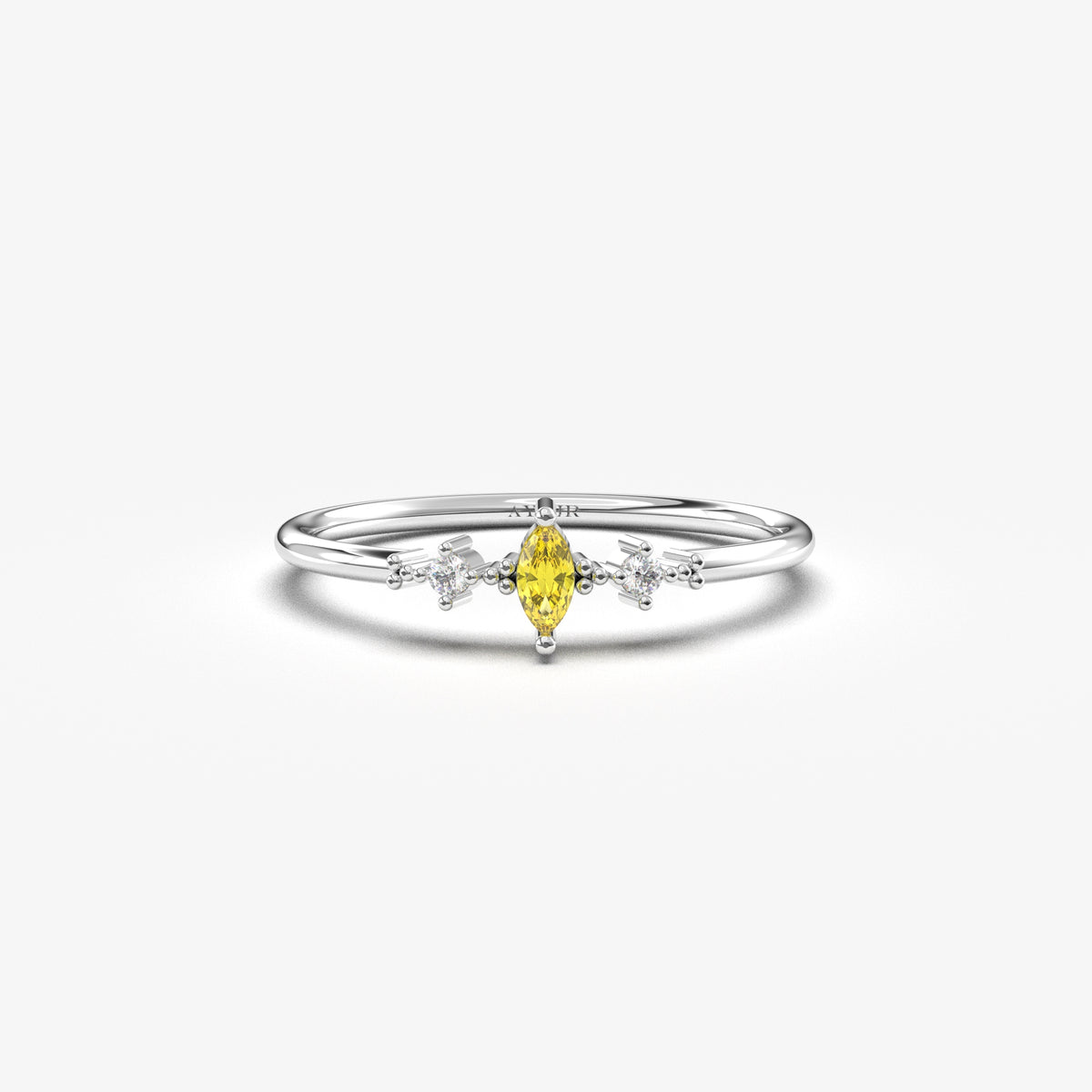 10K white gold yellow-stone marquise ring with cubic zirconia, front view