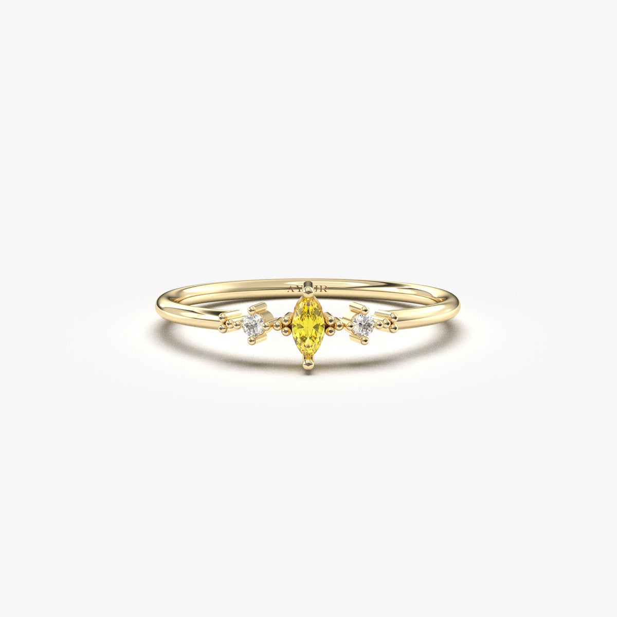 18K yellow gold yellow-stone marquise ring with cubic zirconia, front view