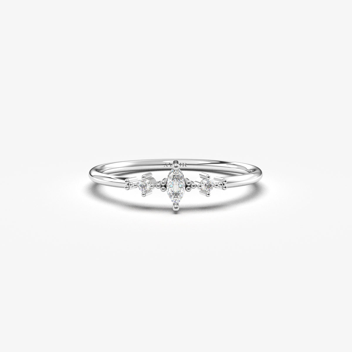 14K white gold marquise ring with natural diamonds, front view