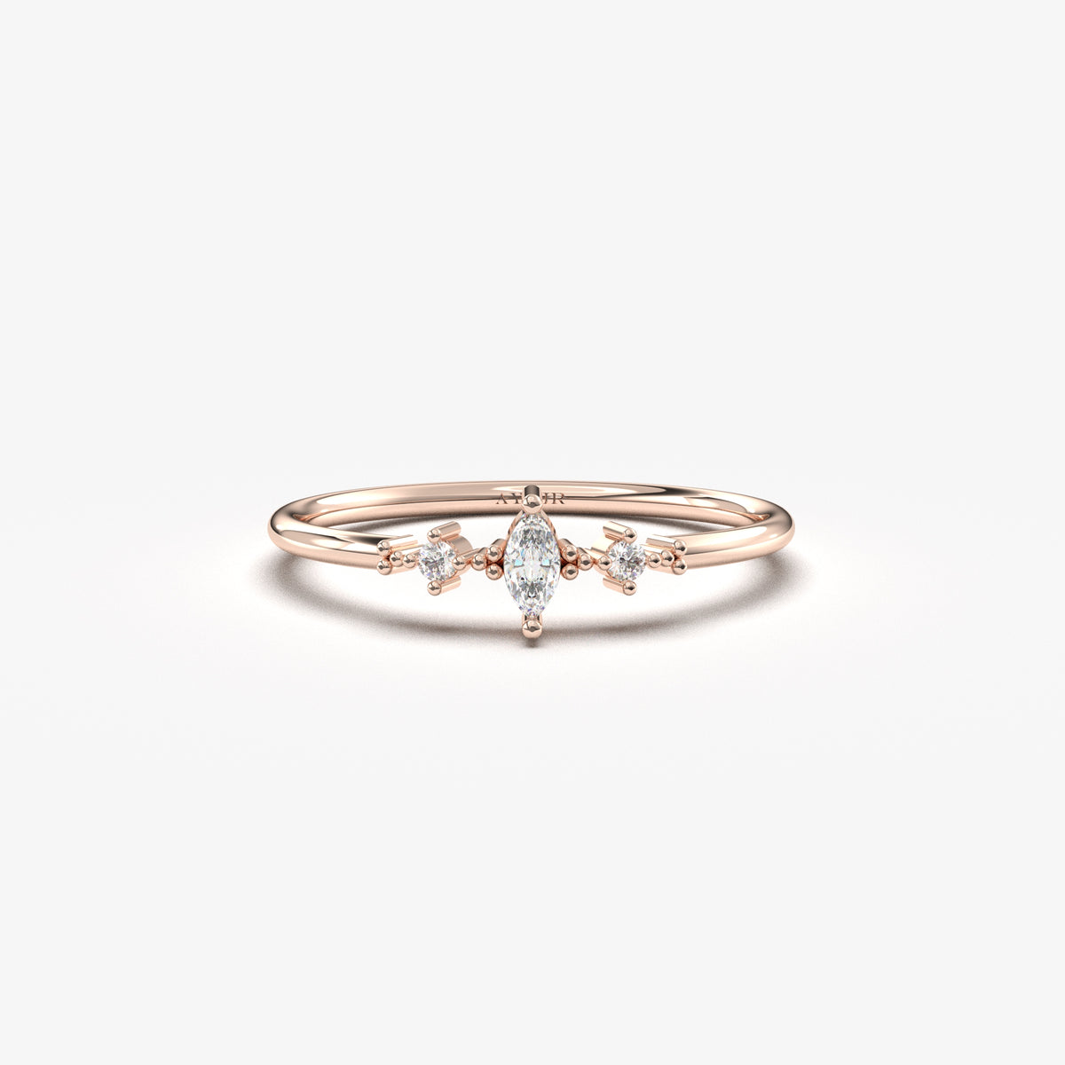 14K rose gold marquise ring with natural diamonds, front view