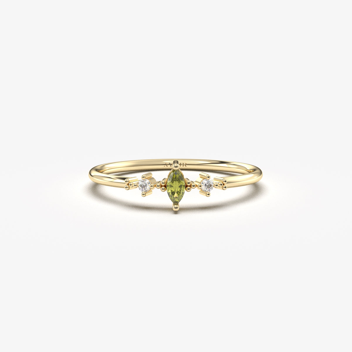 14K yellow gold green-stone marquise ring with cubic zirconia, front view