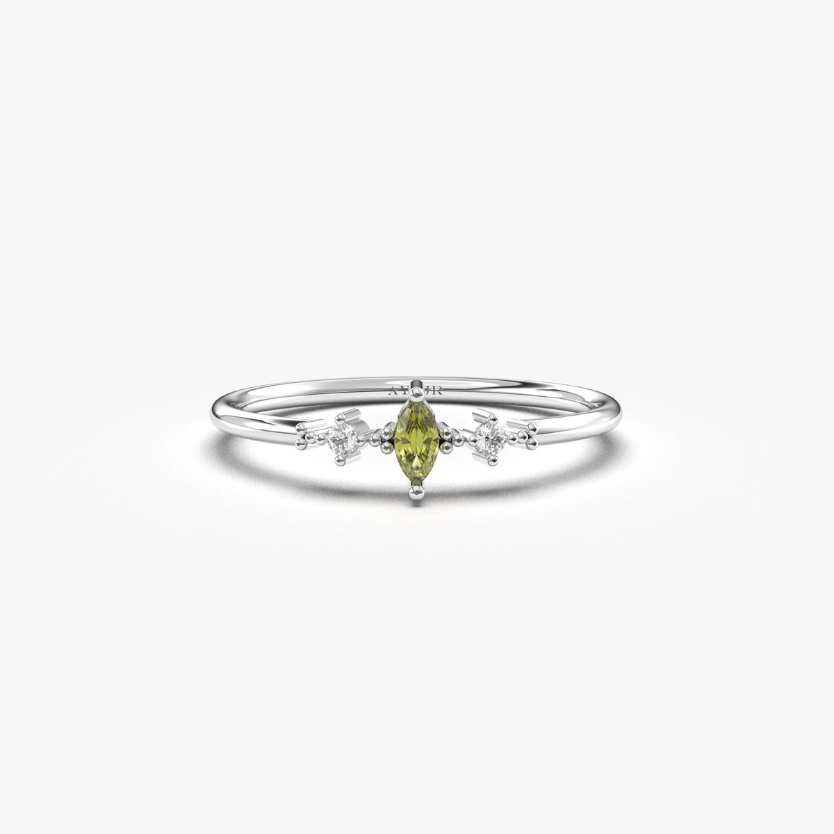 18K white gold green-stone marquise ring with natural diamonds, front view