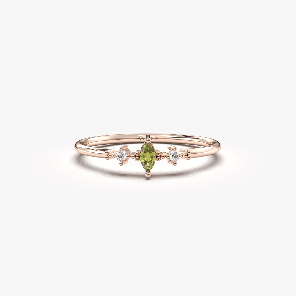 10K rose gold green-stone marquise ring with natural diamonds, front view