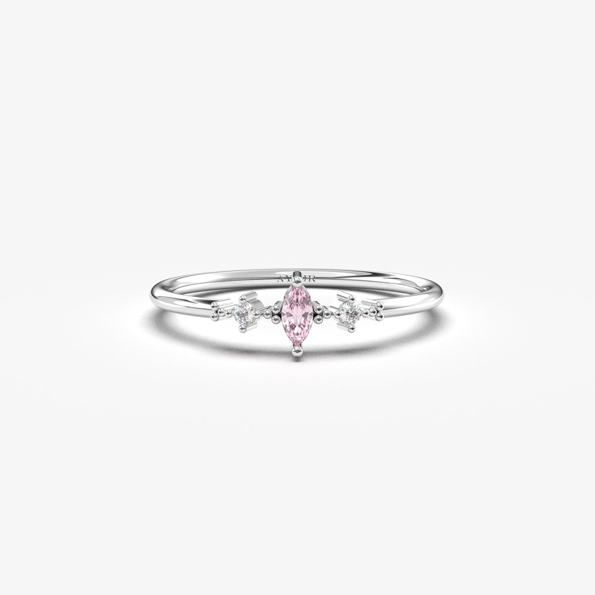 White gold pink-stone marquise ring, front view