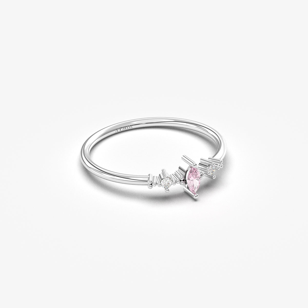 White gold pink-stone marquise ring, angled view