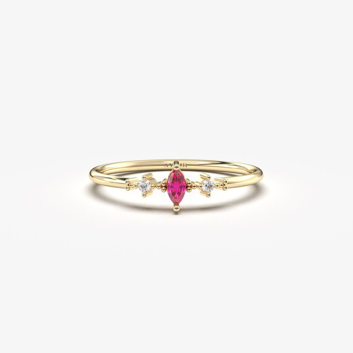 18K yellow gold red-stone marquise ring with cubic zirconia, front view
