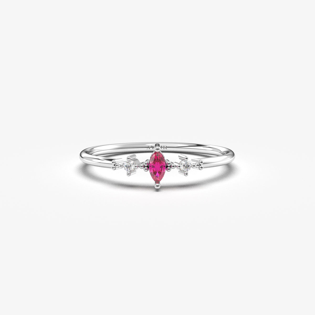 14K white gold red-stone marquise ring with natural diamonds, front view