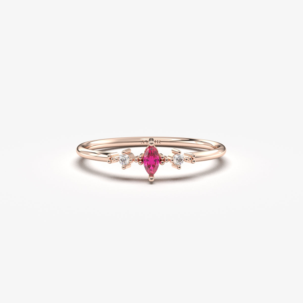 18K rose gold red-stone marquise ring with natural diamonds, front view