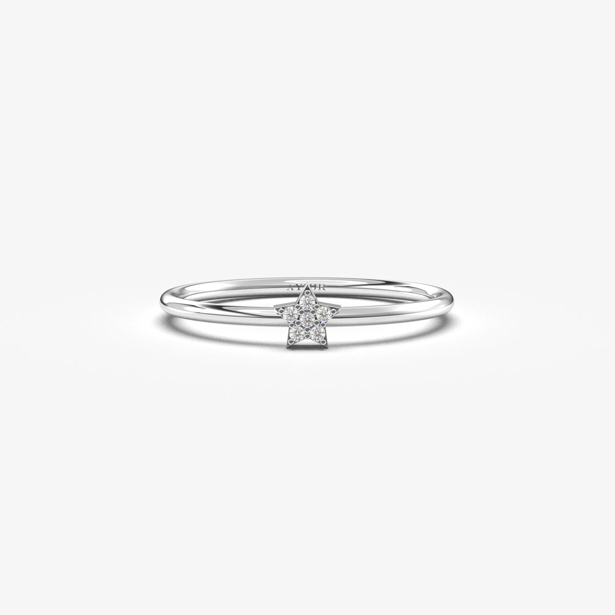 18K white gold mini star ring with natural diamonds, front view
