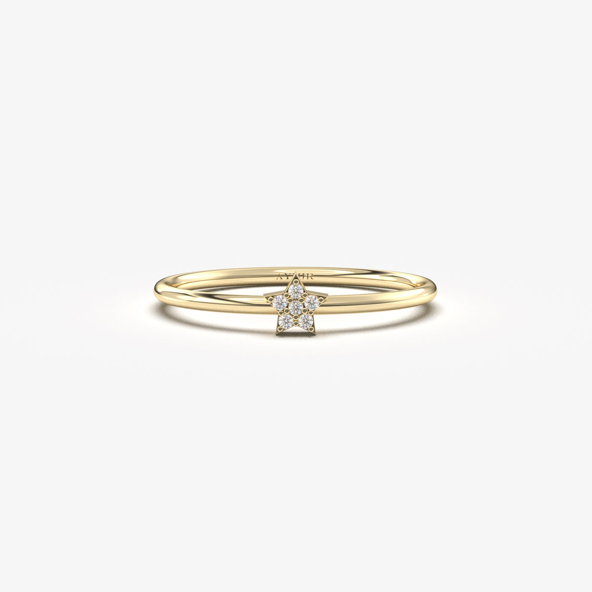 14K yellow gold mini star ring with natural diamonds, front view