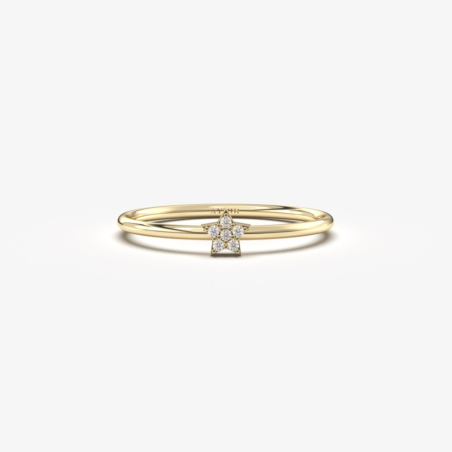 18K yellow gold mini star ring with natural diamonds, front view