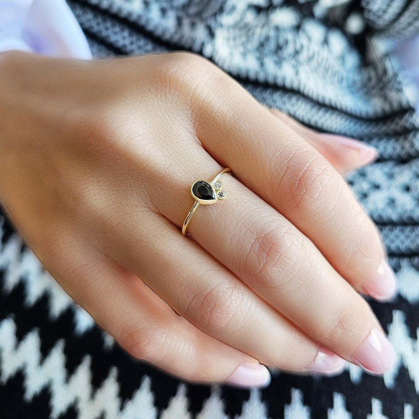 10K Gold Dainty Black Onyx Pear and Diamond Ring - 8S114BLK