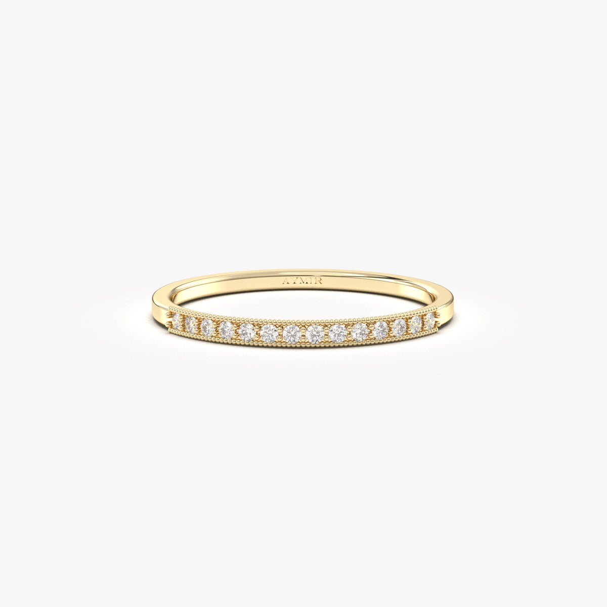10K yellow gold milgrain half eternity ring with cubic zirconia, front view