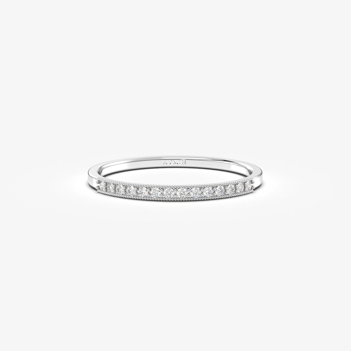 14K white gold milgrain half eternity ring with cubic zirconia, front view