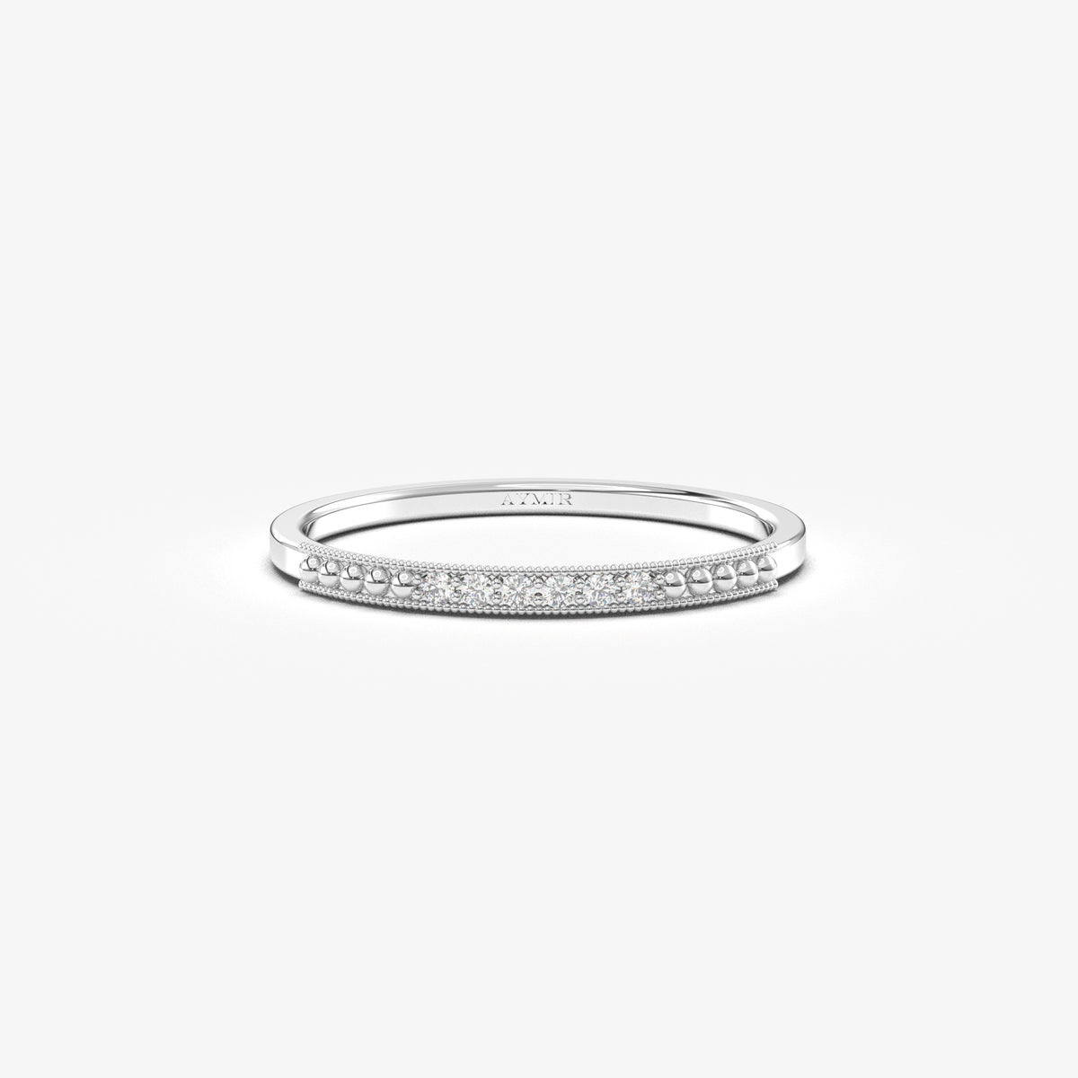 14K white gold beaded milgrain ring with natural diamonds, front view