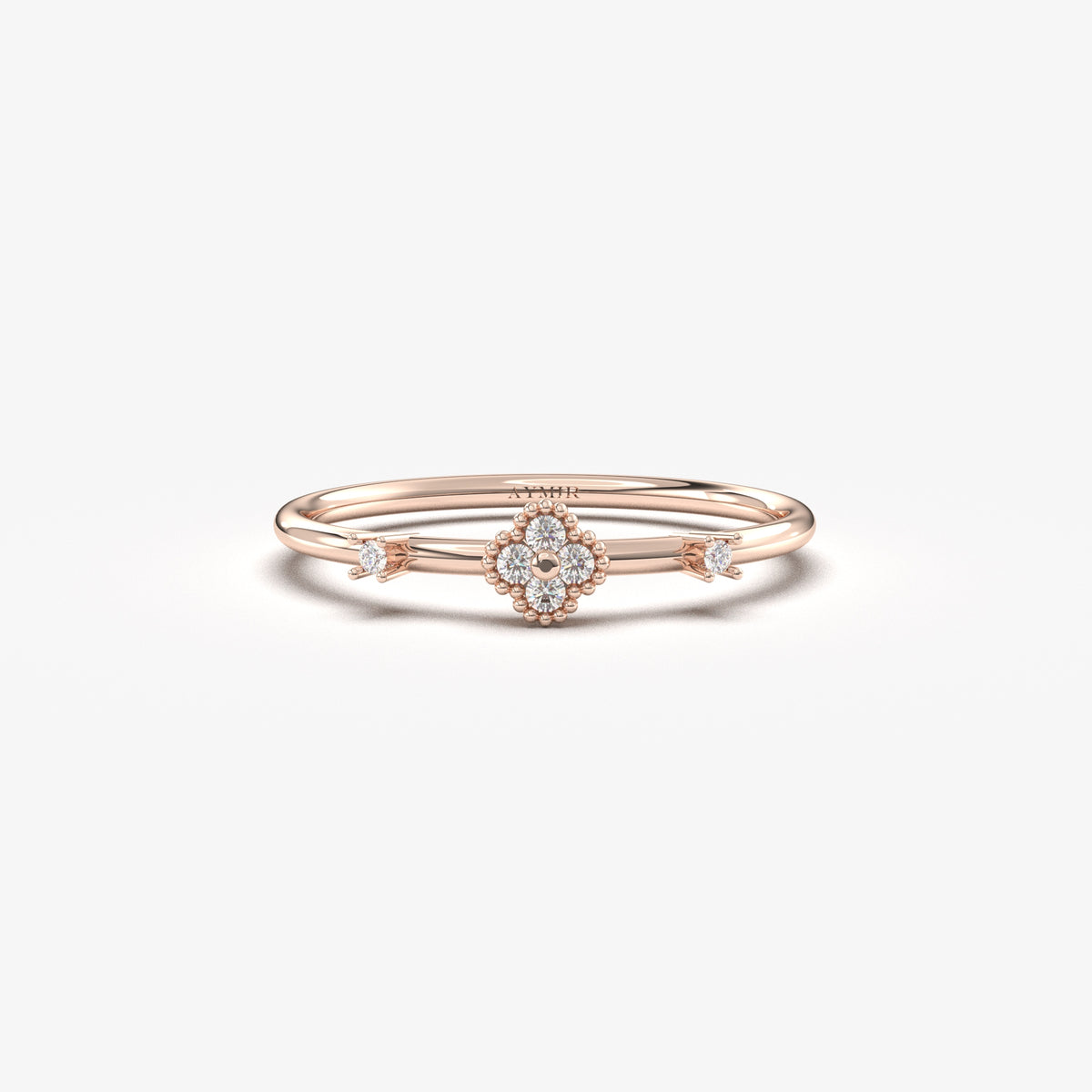 18K rose gold flower cluster ring with cubic zirconia, front view