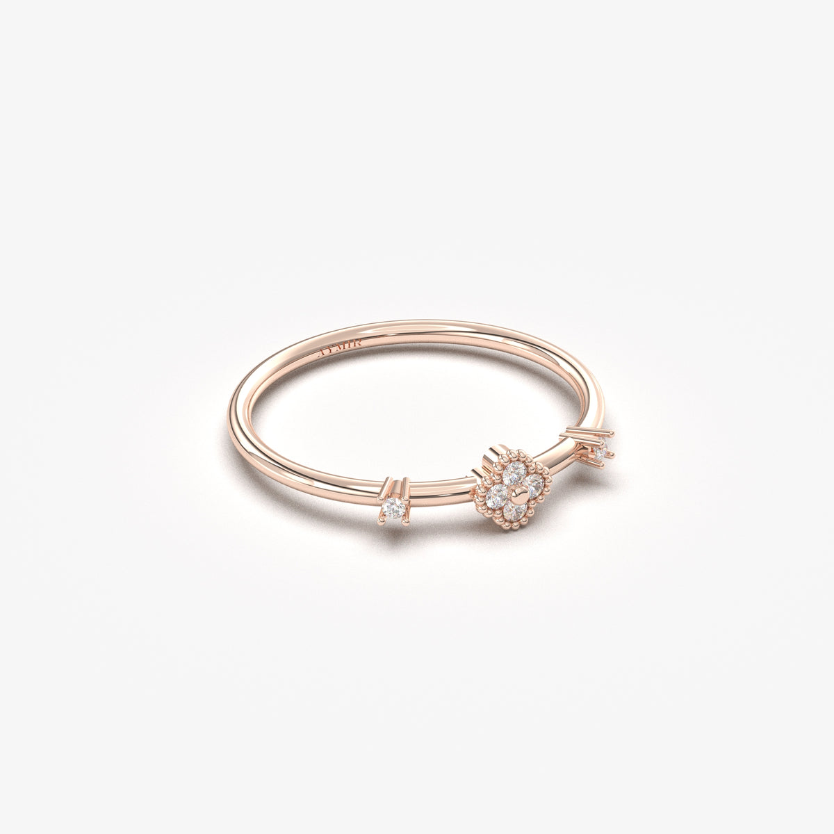 14K rose gold flower cluster ring with cubic zirconia, angled view