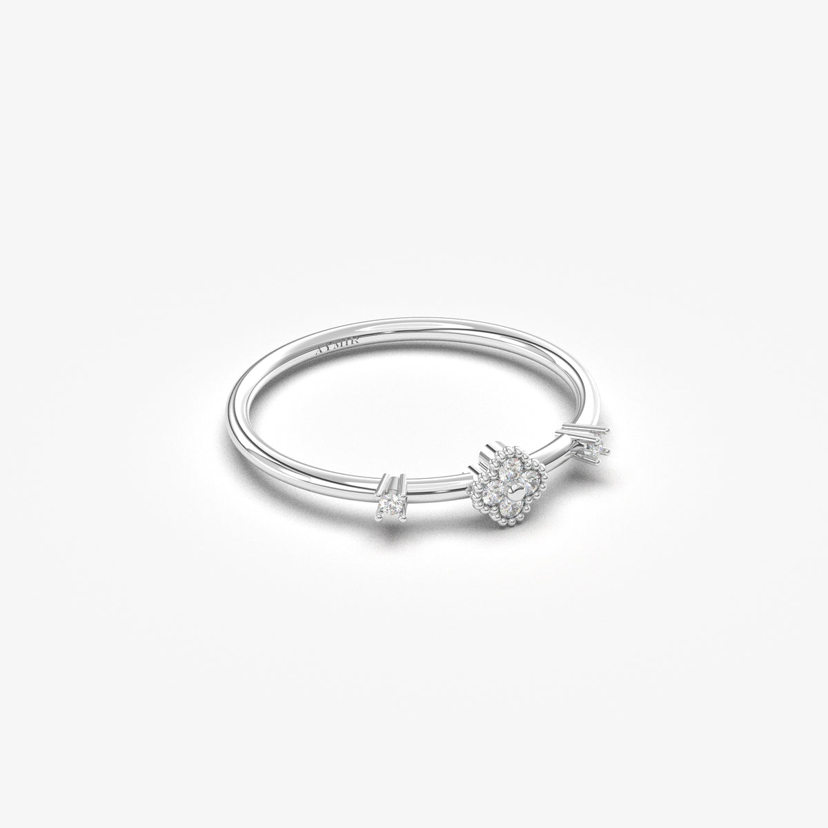 18K white gold flower cluster ring with natural diamonds, angled view