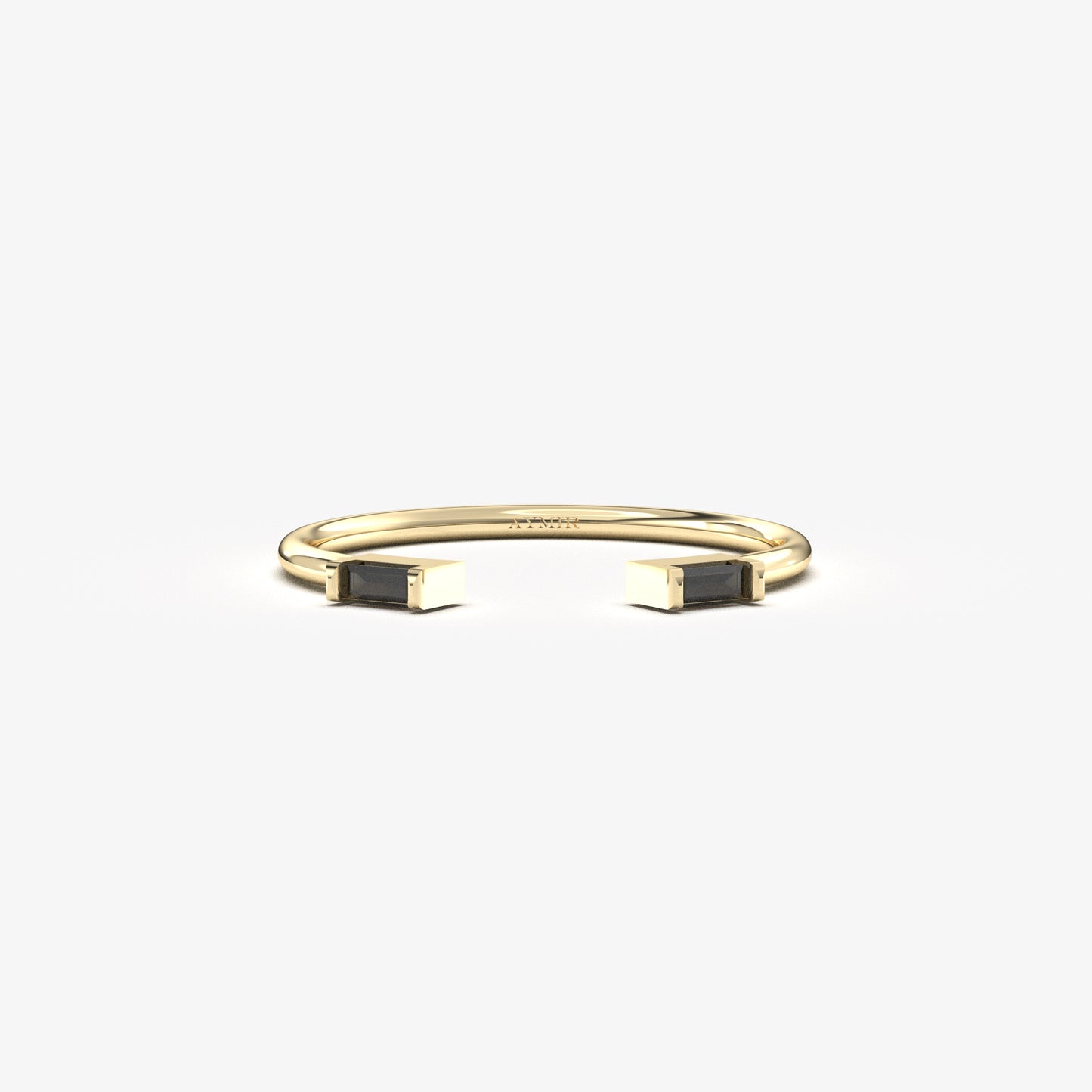18K yellow gold open baguette ring with black baguette stones, front view