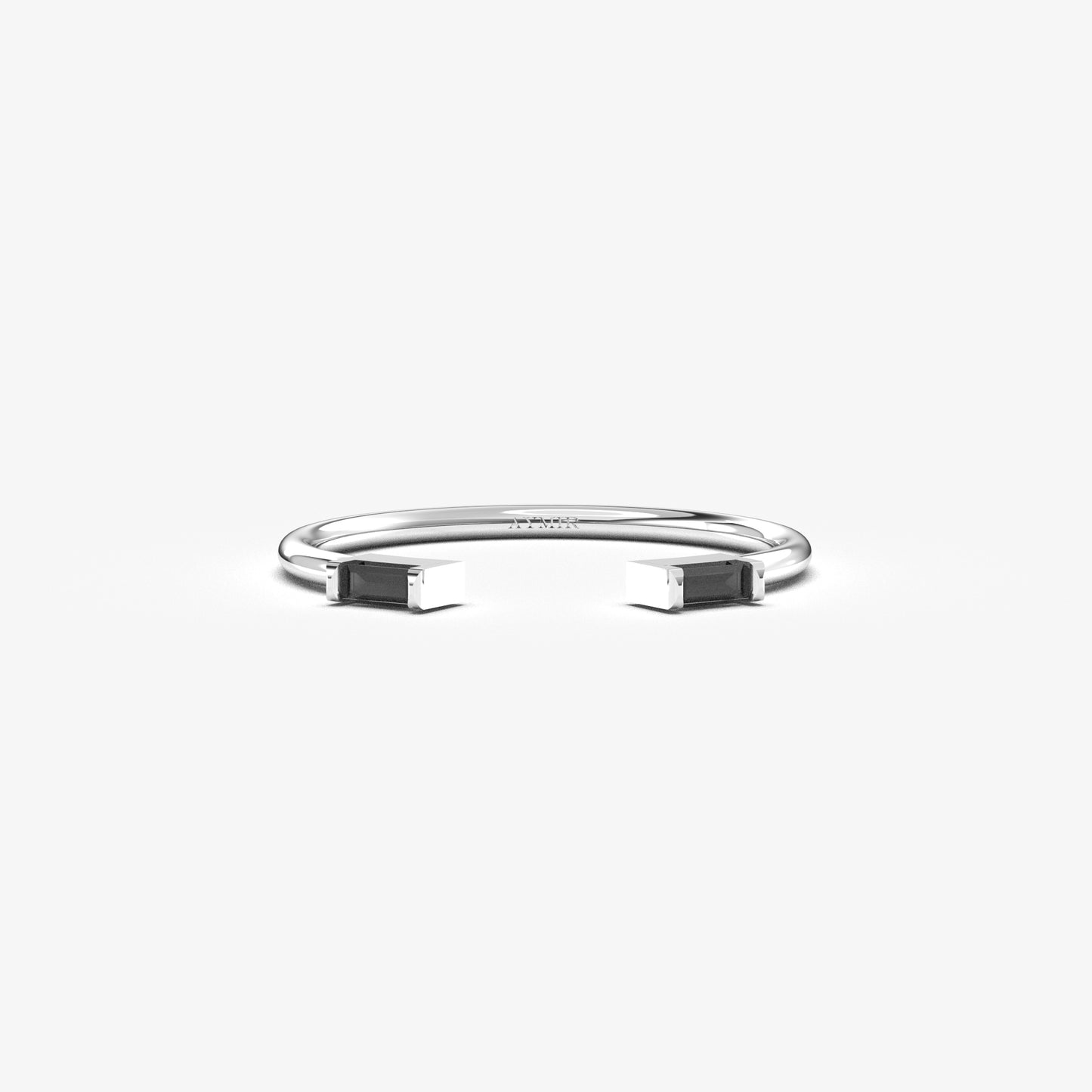 10K white gold open baguette ring with black baguette stones, front view