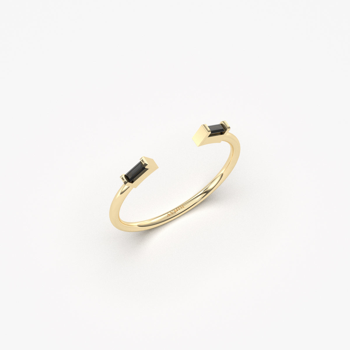 18K yellow gold open baguette ring with black baguette stones, side view