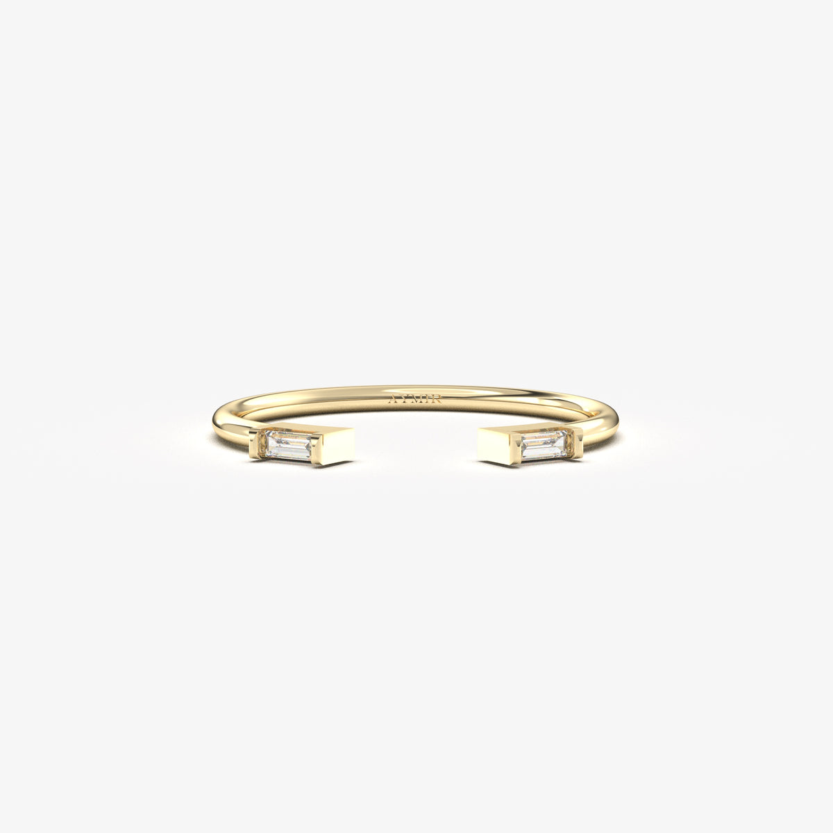 18K yellow gold open baguette ring with cubic zirconia, front view