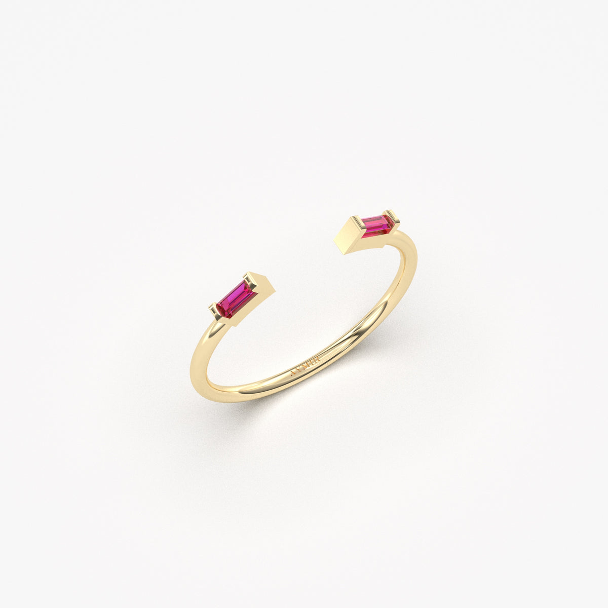 18K yellow gold open baguette ring with red baguette stones, side view