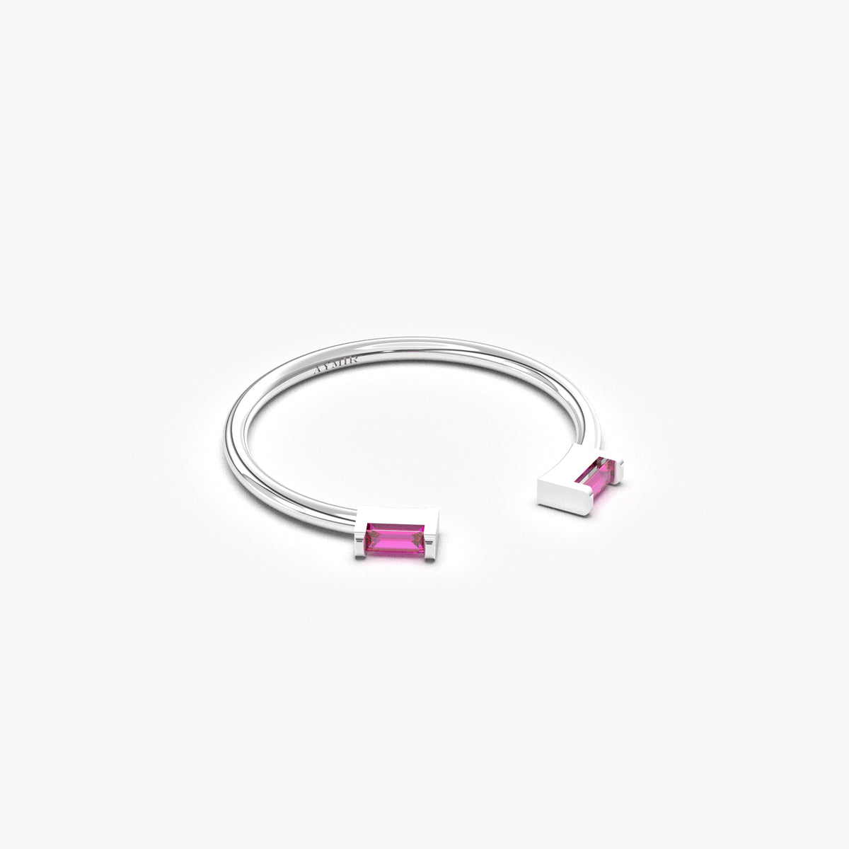 14K white gold open baguette ring with red baguette stones, angled view