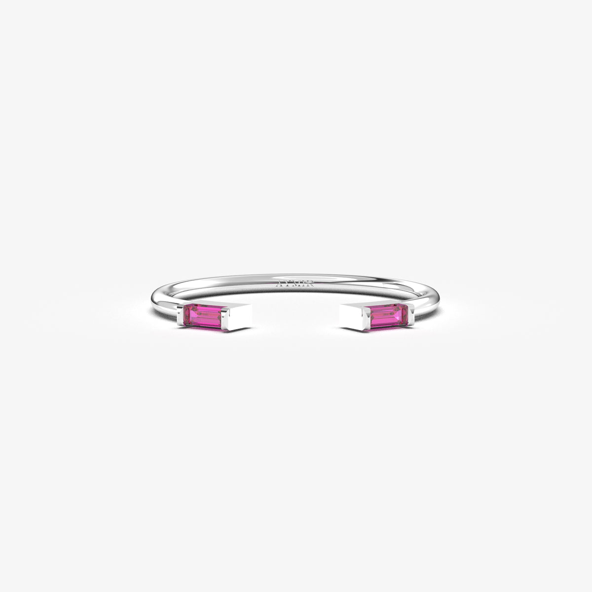 18K white gold open baguette ring with red baguette stones, front view