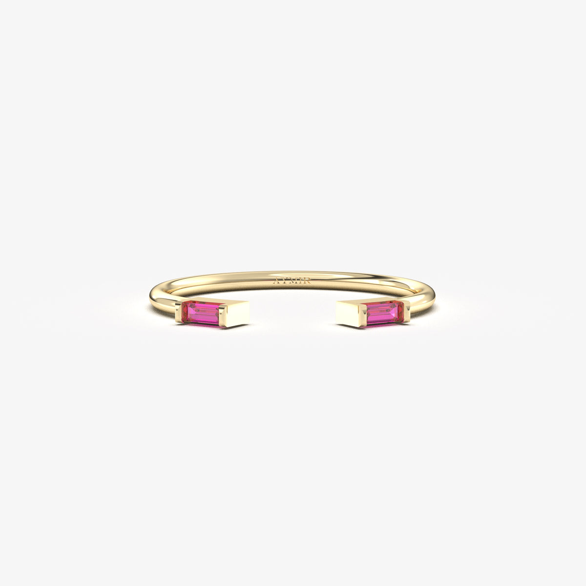 18K yellow gold open baguette ring with red baguette stones, front view