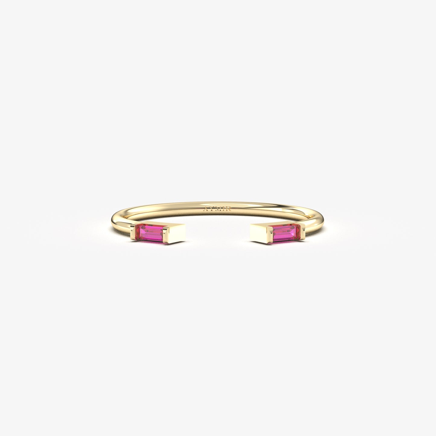 14K yellow gold open baguette ring with red baguette stones, front view